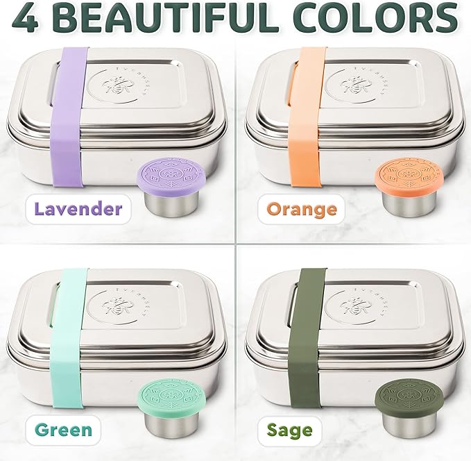 Everusely - Bento Box - Lavender, 47oz / 1.4 L - Large Stainless Steel Lunch Box with Leakproof Condiment Container - 3 Compartment Snack Organizer for On the Go Meals - Freezer & Dishwasher Safe