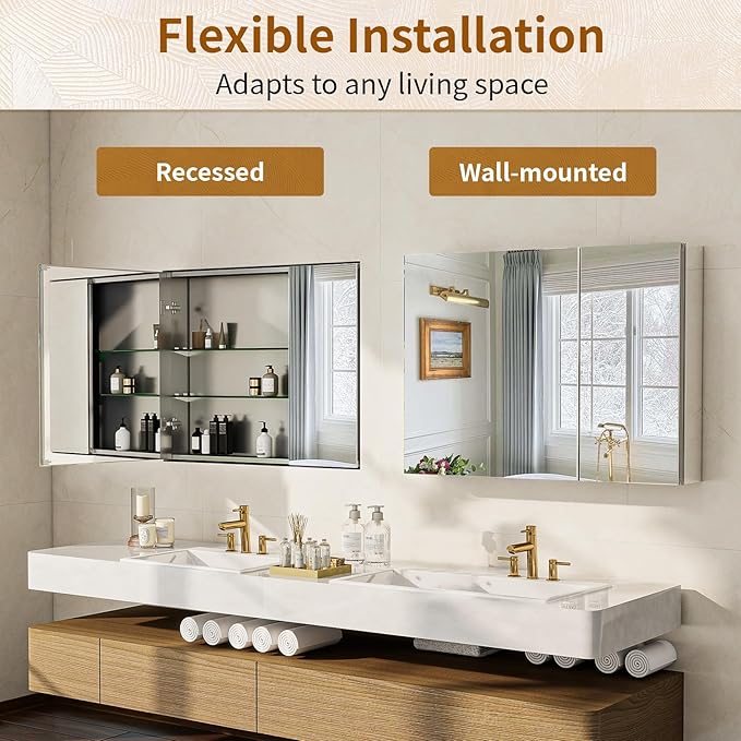 BEAUTYPEAK Bathroom Medicine Cabinet Mirror with Storage, 36 Inch x 26 Inch Silver Medicine Cabinet with Double Door & Adjustable Shelves for Vanity, Tempered, Aluminum Surface, Wall-mount or Recessed