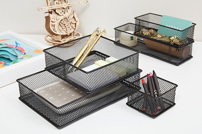 Annova Mesh Stackable Drawer Cabinet and Shelf Organizer Bins Storage Basket School Office Supply Holder Tray- Set of 2 (Black, 3x3x2 Inch)