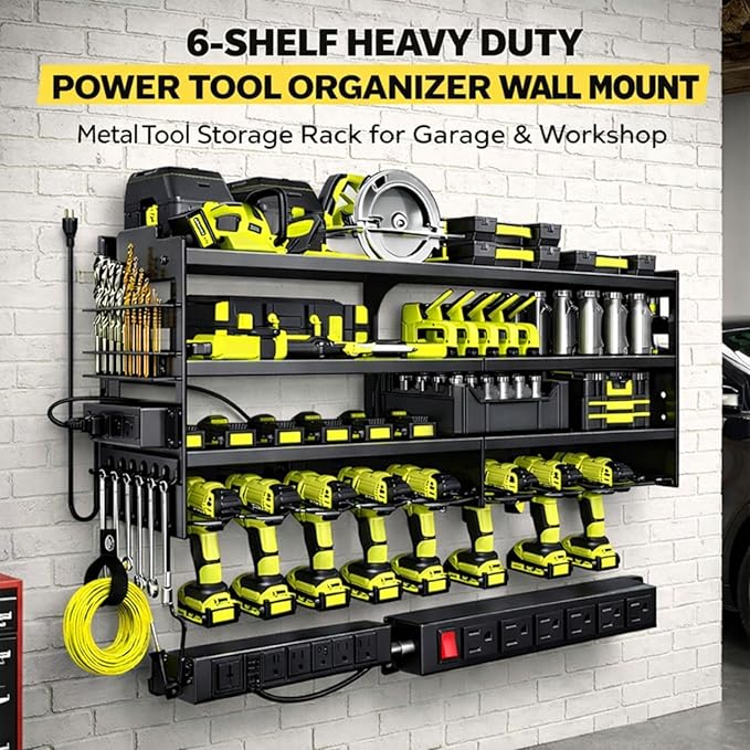 Large Power Tool Organizer Wall Mount, 6-Shelf Heavy Duty Metal Tool Storage Rack with Drill Holder Slots, Side Screwdriver Racks and Hook Bar, Wall Mounted Tool Organizer for Garage Workshop