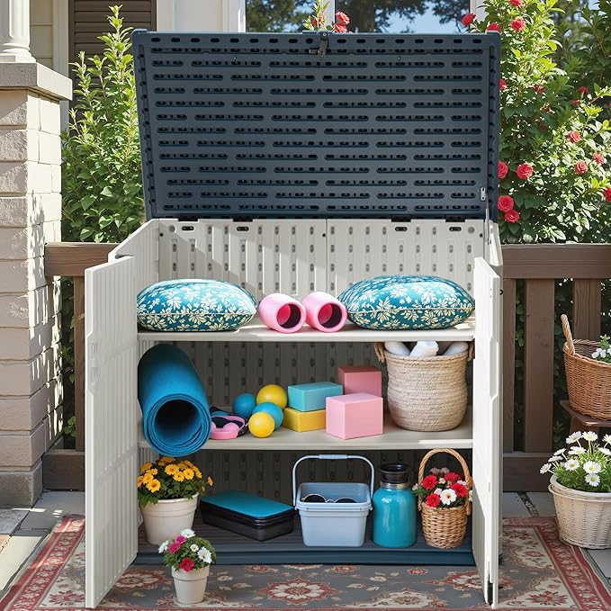 Greesum Outdoor Trash Can Storage Shed, 34 Cu.ft Waterproof Horizontal Storage Shed, Portable Horizontal Resin Storage Shed for Garden, Backyard, Patio, White