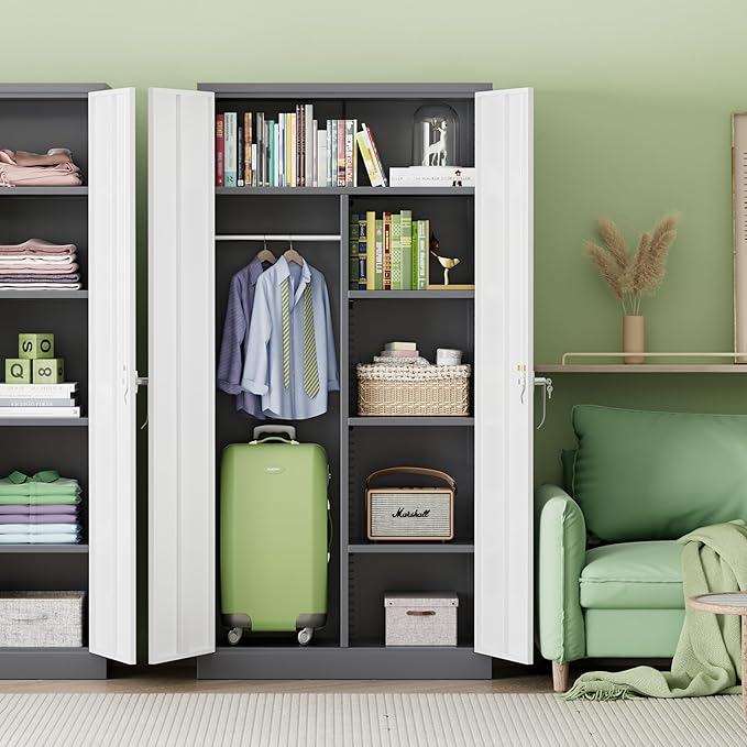 INTERGREAT Metal Wardrobe Closet, 72" Locking Storage Wardrobe Cabinet with White Doors and Shelves, 18 "D x 36" W Steel Clothes Storage for Office, Home, School, Gym (White Grey)