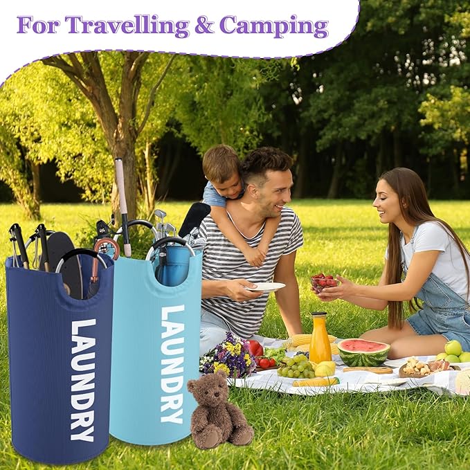 2Pcs Foldable Laundry Basket with Handles, 95L Large Clothes Hampers for Men, Tall Laundry Bin Stand Up Well, Portable Storage Basket for Family, Flat, Blue + Navy Blue