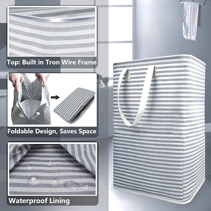 Ultra-durable Laundry Hamper with Practical Side Pocket,Freestanding Laundry Basket with Portable Handles,Foldable Dirty Clothes Basket Space-saving Storage for Bathroom,Bedroom,Nursery,Dorm,Camper,RV