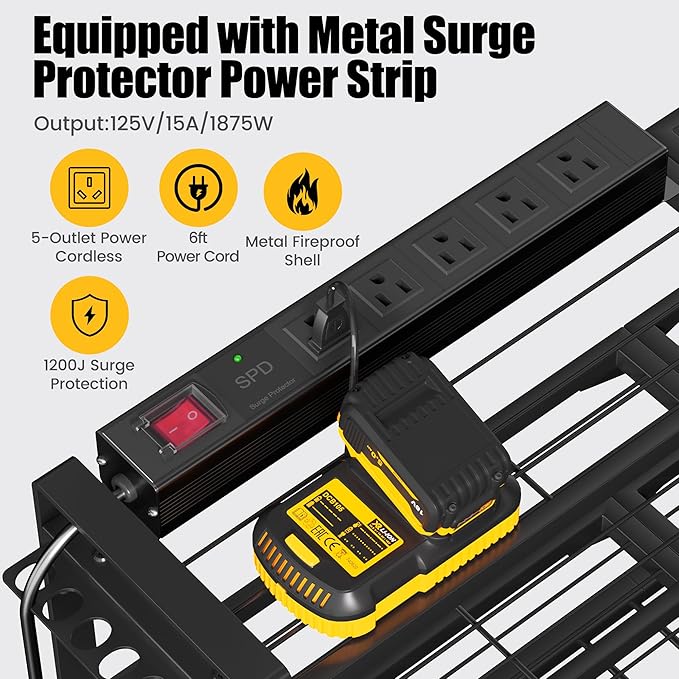 Large Power Tool Organizer Wall Mount with Charging Station, 400lbs Metal Storage Rack with 8 Cordless Drill Holder, 4 Tier Heavy Duty Battery Tool Shelf with 5 Outlet Power Strip for Garage