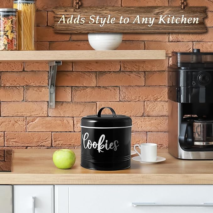 Farmhouse Cookie Jar for Kitchen Counter, 1 Gallon Vintage Cookie Jar with Airtight Lid, Large Food Storage Container for Candy, Cookies, Dessert, Black Kitchen Decor and Accessories