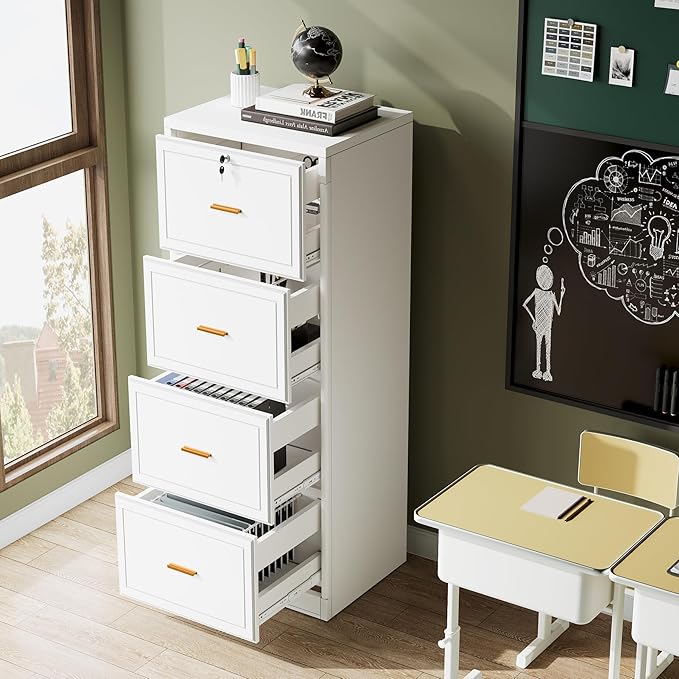 Tribesigns 4-Drawer File Cabinet with Lock, Locked File Cabinet with Key, Tall Wooden Filing Cabinets for Home Office, Vertical Office Storage for Legal Size/Letter/A4/Files, White (2 Pcs)