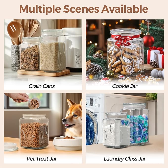 ComSaf 64 oz Glass Jar with Lid, 2 QT Pantry Storage Containers set with Glass Lids, Flour Sugar Storage Containers, Half Gallon Jars for Kitchen Storage and Laundry Room Containers, Set of 2