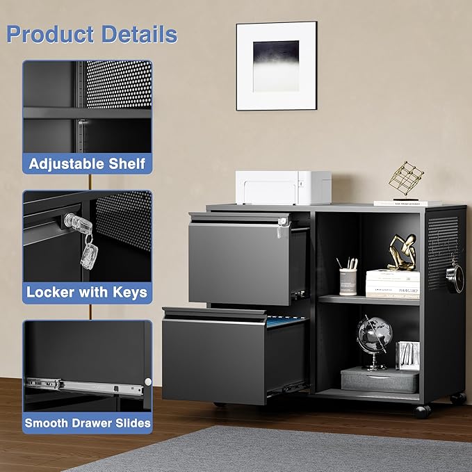Mobile Lateral File Cabinet with Side Hook, 2 Drawer File Cabinet with Lock fits A4/Letters/Legal Size for Home Office,Metal Rolling Printer Stand with Open Storage Adjustable Shelves(Black)