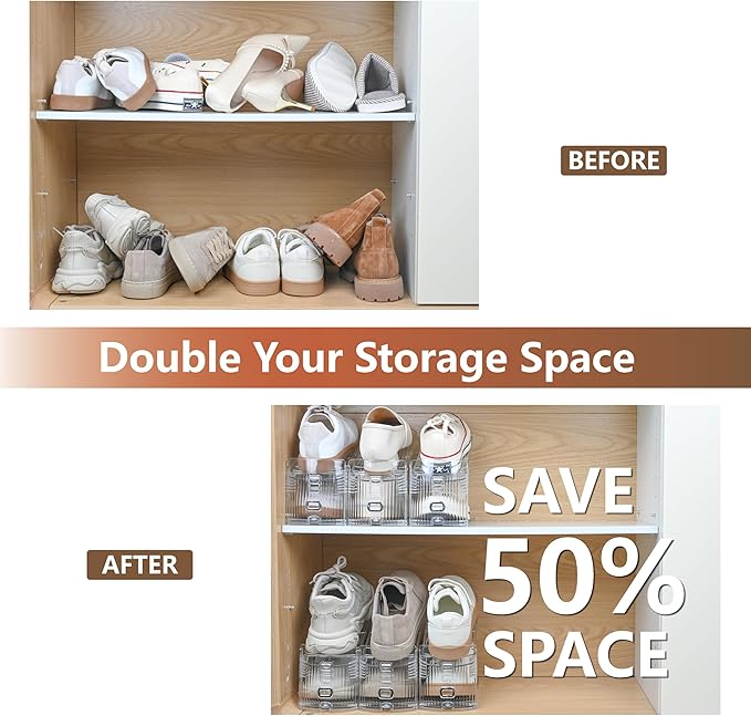 Clear Shoe Slots Organizer for Closet, 24-Pack Adjustable Shoe Stacker & Space-Saving Shoe Storage for a Variety of Spaces, Double Deck Organizer (Transparent)