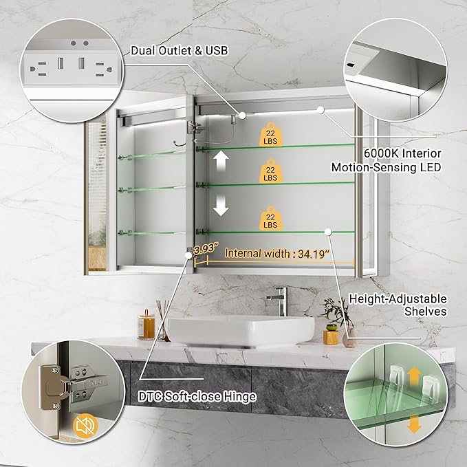 36x30 Lighted Medicine Cabinet with Mirror, Beveled Brushed Nickel Framed Surface or Recessed Fogless Dimmable LED Medicine Cabinet with Lights, Outlet, Time Display and Sensor Inner Light