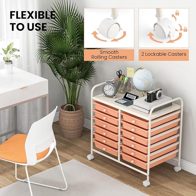 COSTWAY 12-Drawer Rolling Storage Cart, Utility Storage Organizer Cart for Tools, Scrapbook, Paper, Craft, Multipurpose Art Supply Organizer on Wheels for Home Office School, Teacher, Peach