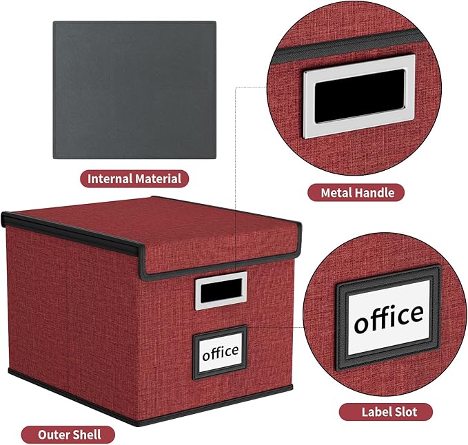 Huolewa File Organizer Box with Lid, Collapsible File Folder Organizer for Office Document Storage, Filing Box with Plastic Slide for Letter Size Hanging File Folders(1 Pack, Dark Red)
