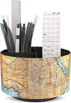 Hennaja Round Leather Art Supply Organizer,Remote Control Holder,360 Degree Rotating,Multi-Functional Pencil Holder,4 Compartments Desktop Stationary Organizer(1-Vintage Map)