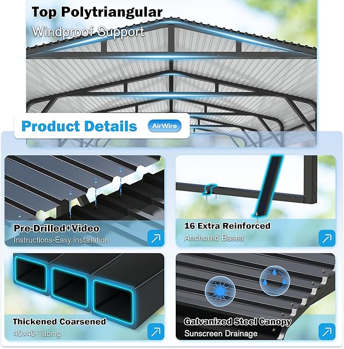 20’X30’ Heavy Duty Carport Canopy for 2 Car, Metal Car Port Garage with Galvanized Steel Roof and Reinforced Stable Triangle Frame Base, Large Car Tent Shelter for Car, Pickup, Tractor, Boat