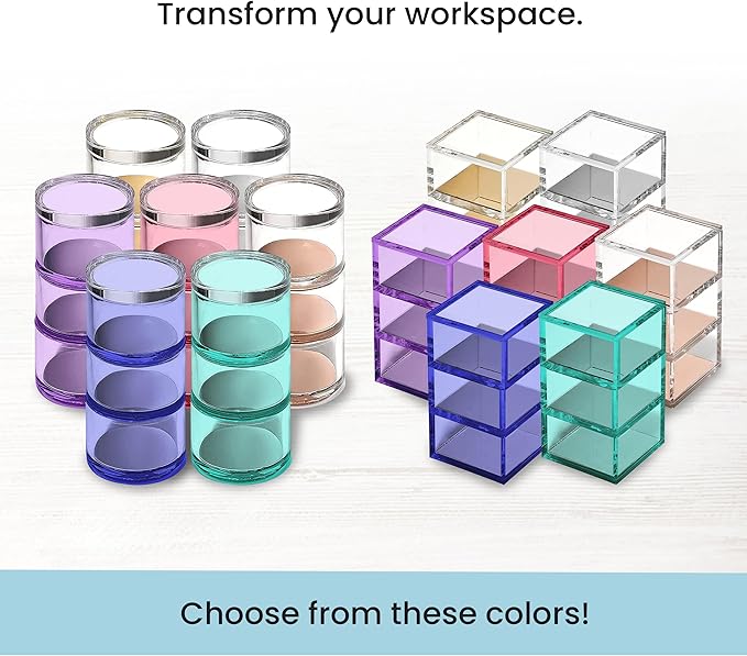 OfficeGoods 3-Tier Stackable Acrylic Holder- Stylish Desk Organizer and Storage for Office or Home – Transparent Round Design, Pink with Silver Metal Base