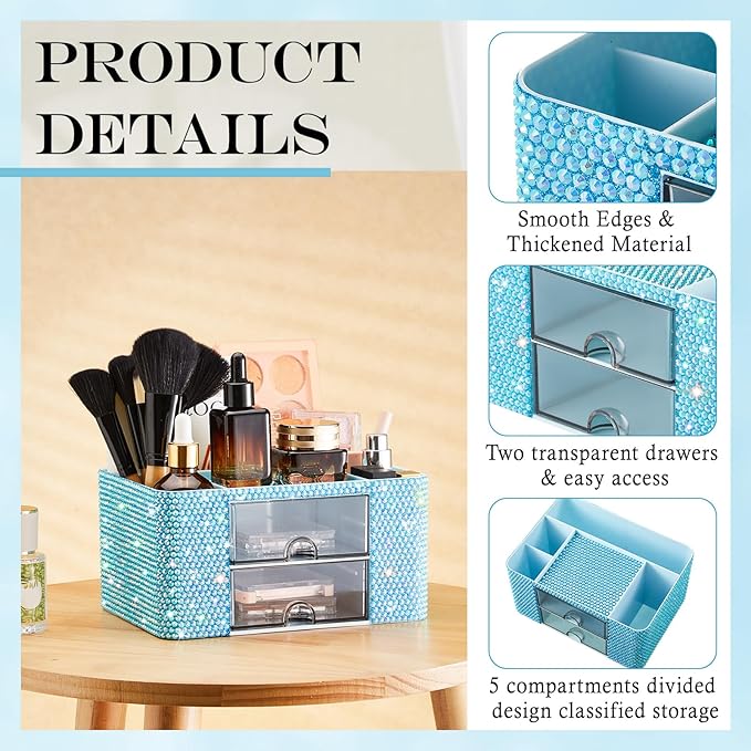 Blue Bling Desk Organizer with 2 Drawer, Sparkly Makeup Organizer for Vanity, Girly Desk Accessories, Rhinestone Pen Holder, Elevate Your Workspace with Blue Serenity (Diamond)