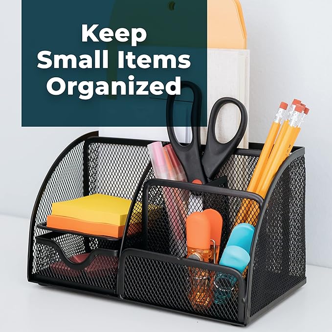 Greenco Black Mesh Desk Organizer, 6 Compartments, Office & Dorm Room Supplies Caddy, Steel Wire, 2 Count