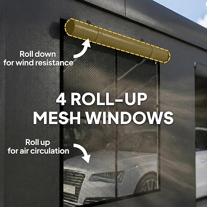Outsunny 20' x 20' Heavy Duty Carport, Portable Garage Car Canopy Tent with Reinforced Galvanized Frame, 3 Roll-up Doors, 4 Mesh Windows for Cars, Trucks, Boats, Motorcycle, Bike, Dark Gray