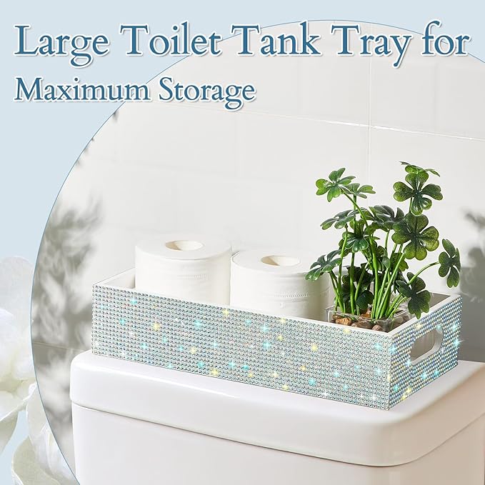 Honeydak Bling Rhinestone Bathroom Basket with Handle 13" x 6" x 3" Toilet Tank Tray, Crushed Diamond Bathroom Decor Accessories, Back of Toilet Storage Organizer, Sparkly Gifts for Women(White)