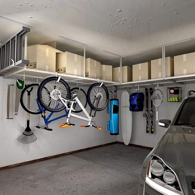 FLEXIMOUNTS 2-Piece Overhead Garage Storage Rack Set w/Hooks Adjustable Ceiling Storage Rack, 96" Length x 48" Width x 40" Height, 2 pcs, White, Classic Series