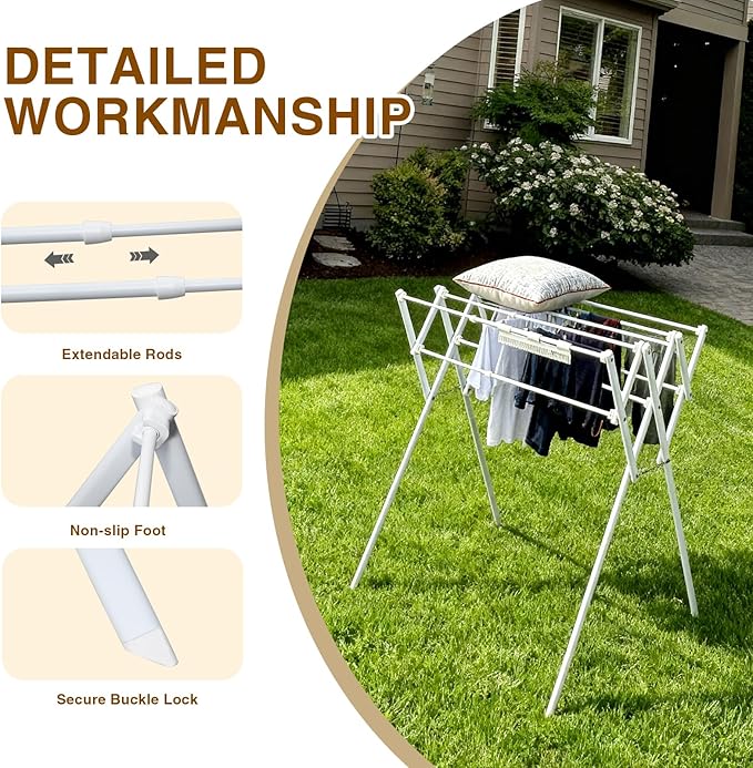Collapsible Expandable Metal Clothes Drying Rack, Foldable & Portable Laundry Drying Rack, Space-Saving Design, Indoor & Outdoor Drying, Ideal for Laundry Room 16lb Capacity, Frosted White