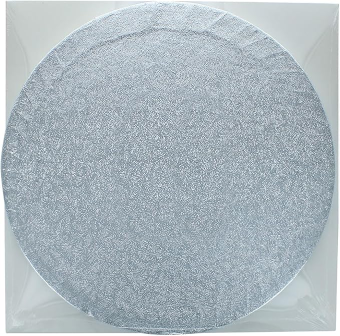 DecoPac 12" Round Silver Cake Drum Board & White Cake Box Combo, 12 Inch Square Bakery Box and Matching Cake Circle Set For Dessert, Pie, And Cookie Transport