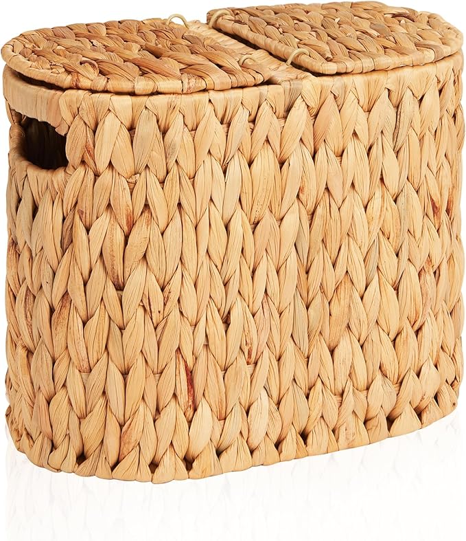 FairyHaus Wicker Toilet Paper Storage Basket with Lid & Handles, 4 Rolls Handwoven Toilet Paper Holder with Storage, Natural Water Hyacinth Toilet Paper Holder Stand Basket for Bathroom