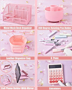 21Pcs Pink Desk Organizers and Accessories With Mesh Desk Organizer and 360°Rotating Pen Holder and a Lot of Office Pink Office Supplies Beautifully Presented in a Gift Box