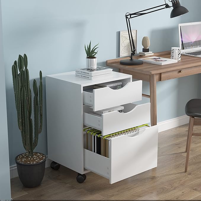 QDSSDECO 3 Drawer Mobile File Cabinet, Rolling Vertical Filing Cabinet fits A4, Legal Paper and Letter Paper for Home Office, White