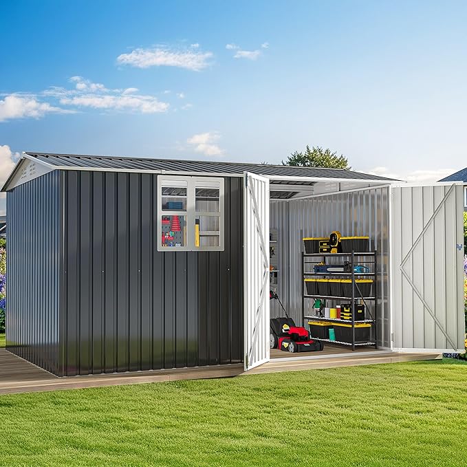 DWVO 12x8ft Metal Outdoor Storage Shed with Window, Lockable Tool Storage Sheds, Oversized Steel Garden Sheds with Sloped Roof for Backyard, Patio, Garage, Lawn, Gray & White