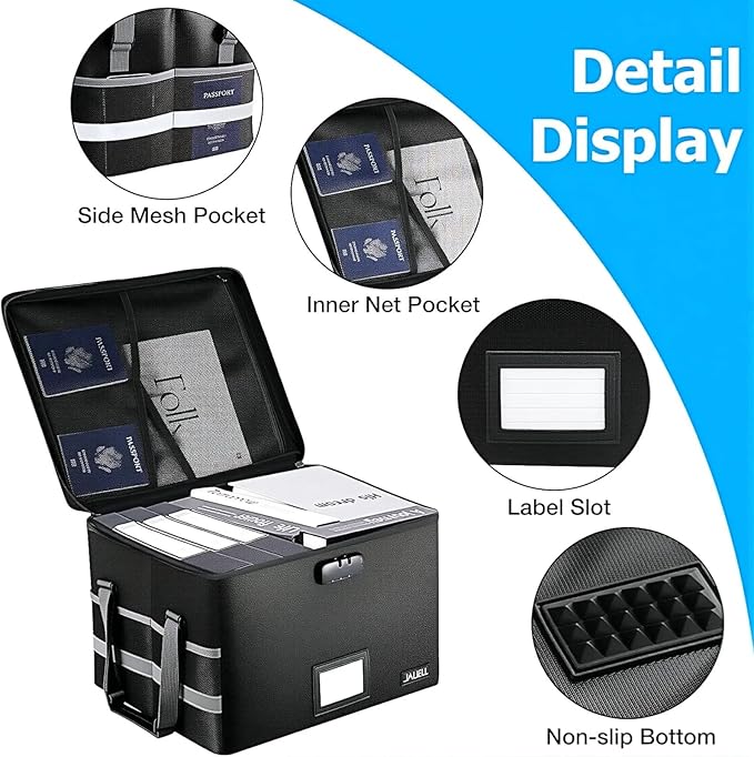File Box with Lock, Fireproof Document Box File Organizer with Zipper & Adjustable Handle, Collapsible File Storage Box for Home Office, Filing Cabinet for Hanging Letter/Legal Folder