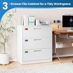 3 Drawer File Cabinet, Lateral Filing Cabinets for Home Office, Office Storage Drawers with Lock, Hanging Files Legal/Letter A4 Size (Assemble Required,White)
