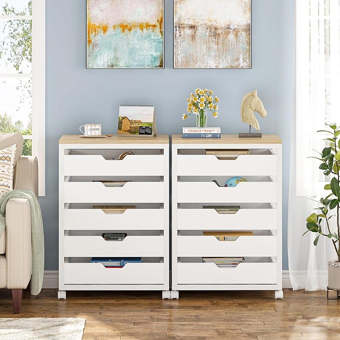 Tribesigns 5-Drawer File Cabinet, Wood Mobile Storage Drawer Unit, Modern Office Cabinet with Drawers & Wheels, Rolling Printer Stand for Home Office (White)