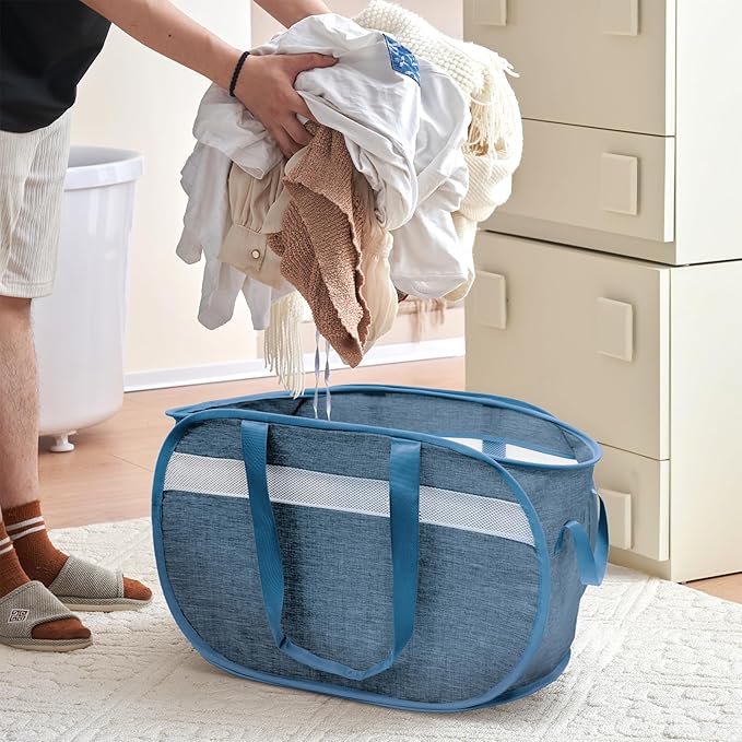 Collapsible Laundry Baskets, Foldable Tear Proof Pop Up Hamper with Reinforced Carry Handles, Durable Laundry Hamper for Home, Laundry, Bathroom, Dorm or Travel (Blue)