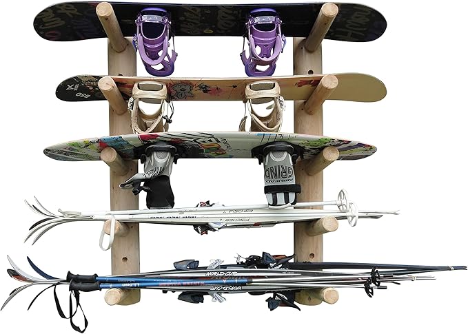 5-Place Wall-Mounted Skis/Snowboard Log Rack - Poles & Ski Wall Mount, Snowboards Wall Rack, Indoor & Outdoor Ski Holders for Walls, Hangers for Skis Indoor Storage - Natural