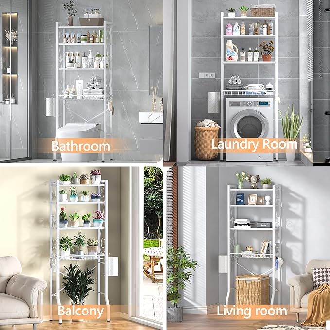Aduanbang Over-The-Toilet Storage Shelves, 4-Tier Bathroom Organizer with Adjustable Feet Pad and Basket, Freestanding Space Saver (White)