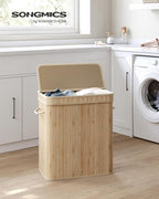 SONGMICS Laundry Hamper with Lid, Bamboo Laundry Basket, Removable Machine Washable Laundry Basket, with Handles, 26.4-Gallons, for Laundry Room, Bedroom, Bathroom, Natural Beige ULCB063N01
