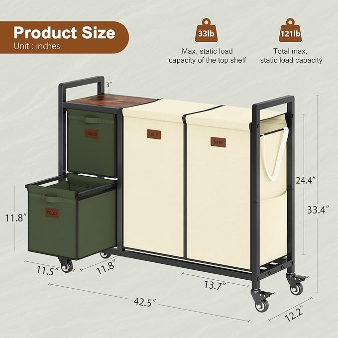 Hoctieon 4 Section Laundry Cart, 48 Gal. (182L) Laundry Hamper with Lid, Laundry Basket with Wheels, Rolling Laundry Sorter Organizer with Shelf, Clothes Separator with Removable Bags, Beige+Green