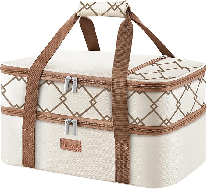 Lifewit Insulated Double Decker Casserole Carrier, Lasagna Lugger Holder for Hot or Cold Food, Fits 9" x 13" Baking Dish, Thermal Lunch Tote Bag for Potluck Parties, Picnic and Cookouts, Cream
