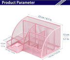 Boutilon Mesh Desk Organizer Desktop Office Supplies Stationary Organizer with 6 Compartments and 1 Drawer Multi-Functional Caddy Pen Holder for Home Office School Desk Decor(Pink)