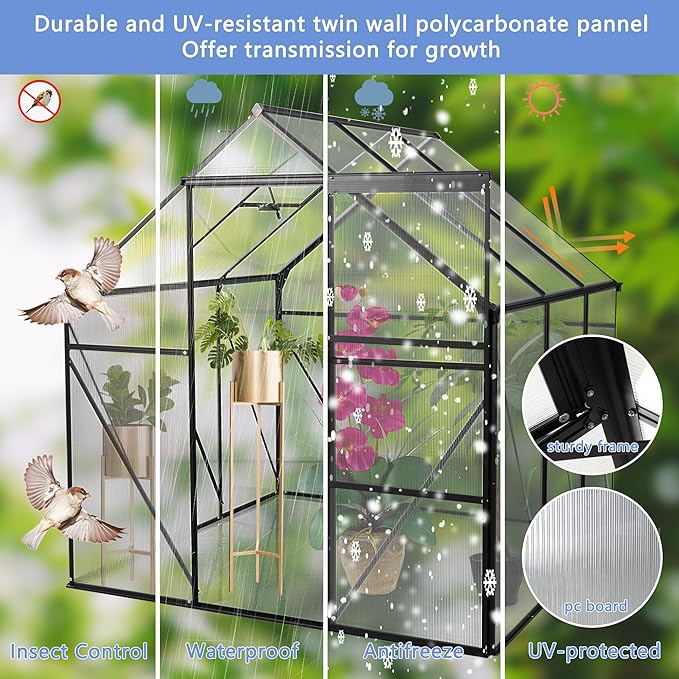 6X6FT Greenhouse for Outdoor, Polycarbonate Greenhouse with Raised Base and Anchor, Heavy-Duty Walk-in Green House with Adjustable Roof Vent and Gutter System for Patio,Backyard (Black, 6X6 FT)