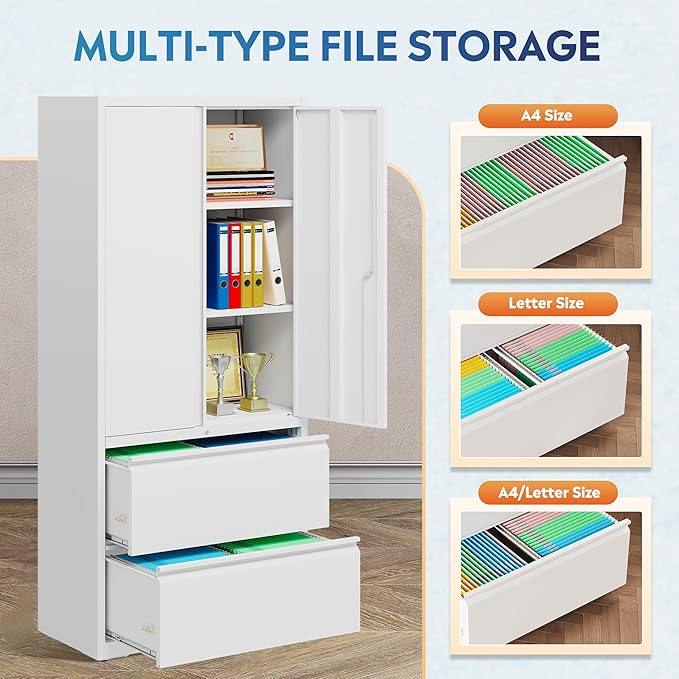 DEVAISE 71" Metal Storage Cabinet, 2-Drawer Lateral File Cabinet, Adjustable Shelves & Doors, White Garage Storage Cabinet, Heavy Duty Tall Cabinet for Home Office, Garage Organization