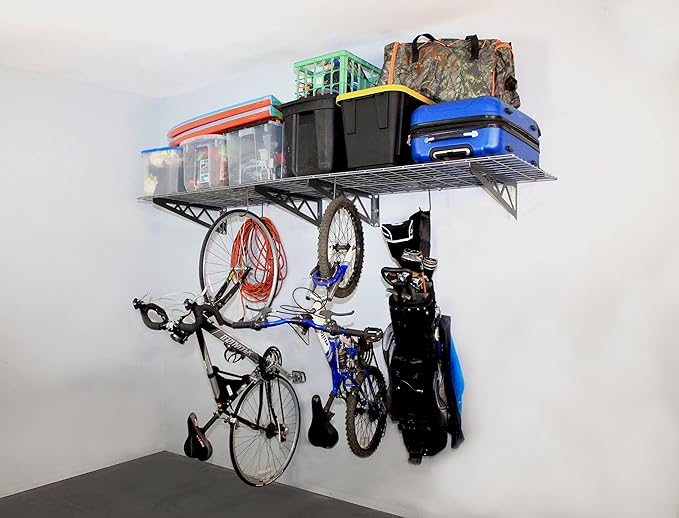 SafeRacks Garage Wall Shelves - 2-Pack 18"x36" Mountable Shelving Units for The Garage, Pantry or Utility Closet, Heavy Duty Steel Shelf with Bike Accessory Hooks, 500lb Capacity, Color: Hammertone