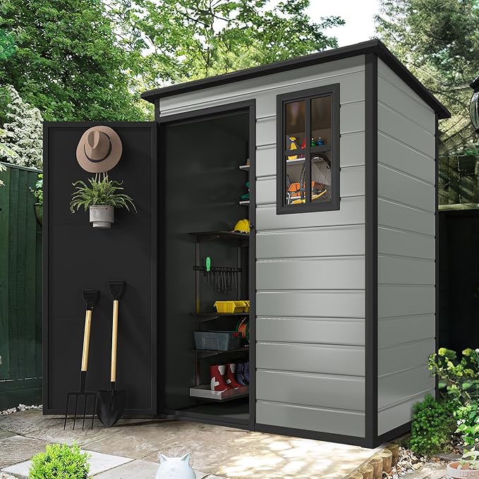DWVO 5x3 FT Outdoor Storage Shed with Reinforced Floor, All-Weather Resin Storage Shed with Lockable Door & Window, Waterproof Plastic Tool Storage for Garden, Backyard, Patio, Lawn,Blue-Gray+Black