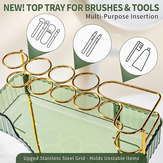 Upgraded 2-Tier Corner Bathroom Countertop Organizer – Spacious Storage for Makeup, Skincare & Perfumes, Built-in Brush Holder Fits Vanity/Dresser/Bsthtub (Sage Green)