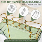 Upgraded 2-Tier Corner Bathroom Countertop Organizer – Spacious Storage for Makeup, Skincare & Perfumes, Built-in Brush Holder Fits Vanity/Dresser/Bsthtub (Sage Green)