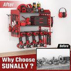 Power Tool Organizer, Heavy Duty Wall Mount Tool Organizer 3 Layers with 4 Drill Holders, Garage Tools Storage Rack with 2 Side Pegboards and Hooks for Workshop, Shed, Red