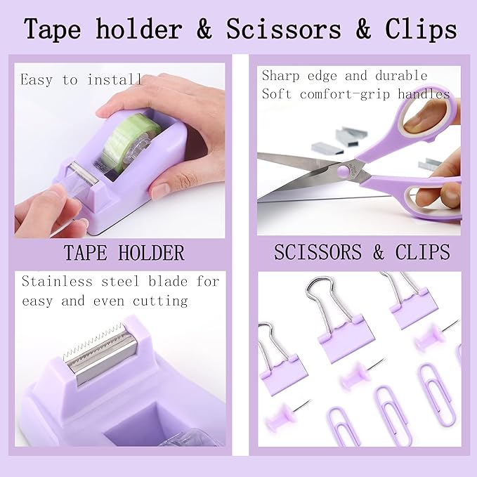 Purple Desk Accessories, Purple Office Supplies Accessories with Tape Dispenser, Stapler, Staple Remover, 1000 Staples, Tape, Clips Set, Ruler, Scissor, Pen