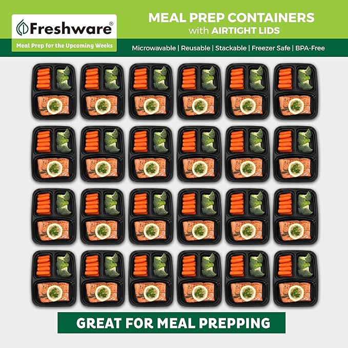 Freshware Meal Prep Containers 50 Count, 3 Compartment Food Storage Containers with Lids, Bento Box, BPA Free, Stackable, Microwave/Dishwasher/Freezer Safe (24 oz) (Pack of 6)